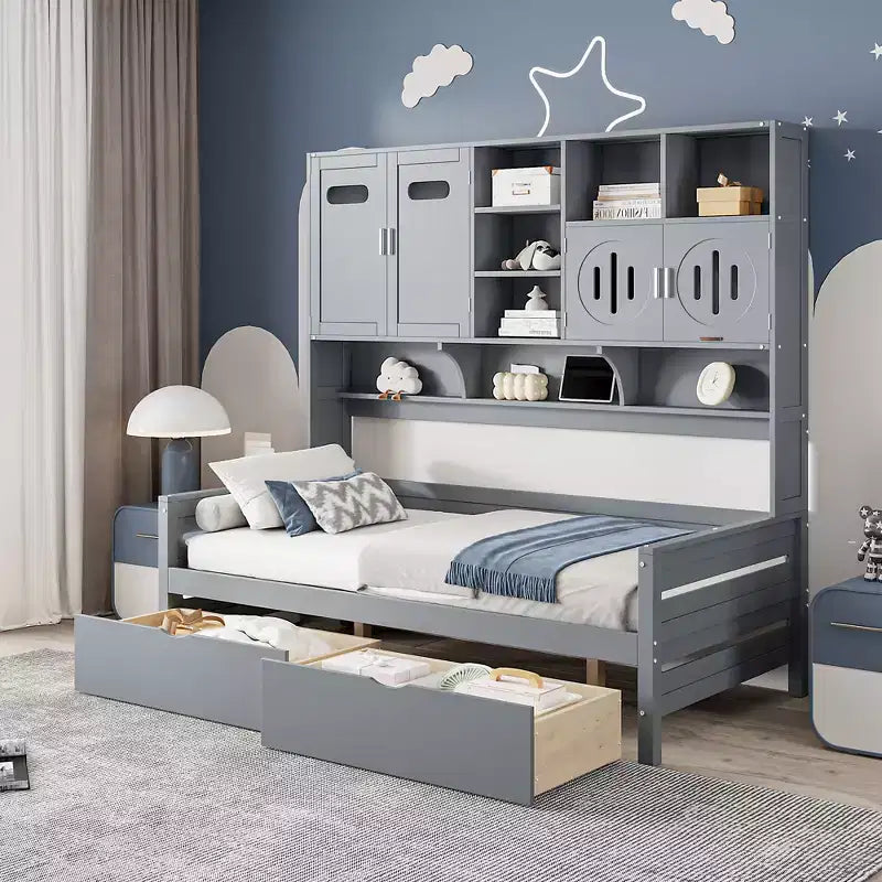 Cama nido de madera doble/matrimonial con 2 cajones, armario todo en uno y estantes - ModernLuxe