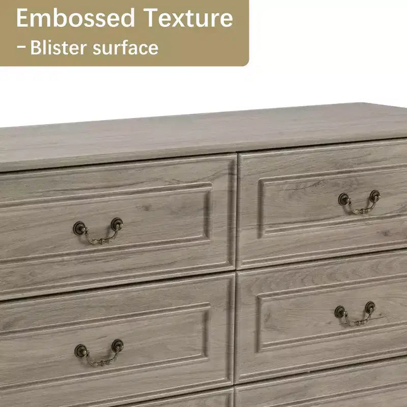 Cómoda rústica de 6 cajones de 47'' para dormitorio, aparador ancho con textura natural, gris