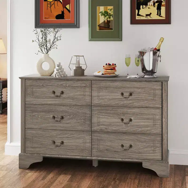 Cómoda rústica de 6 cajones de 47'' para dormitorio, aparador ancho con textura natural, gris