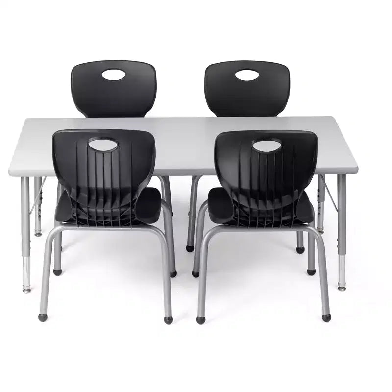 Mesa y silla de actividades Bintiva. Mesa de 24x48 pulgadas con borde pulverizado gris y patas ajustables y 4 sillas de aula NAAR negras de 14 pulgadas.