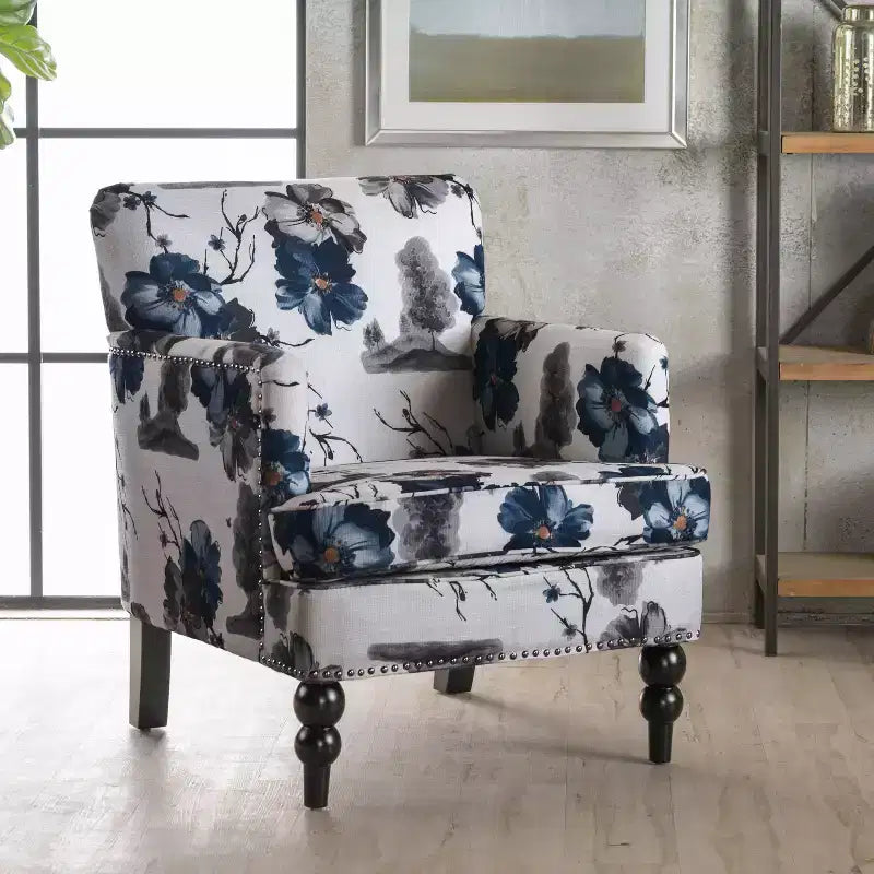 GDFStudio Eve - Sillón de club tapizado de tela contemporáneo con ribete de cabeza de clavo, estampado floral