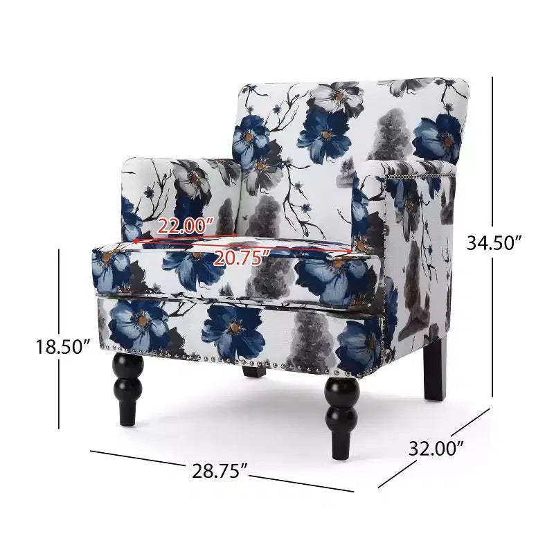 GDFStudio Eve - Sillón de club tapizado de tela contemporáneo con ribete de cabeza de clavo, estampado floral