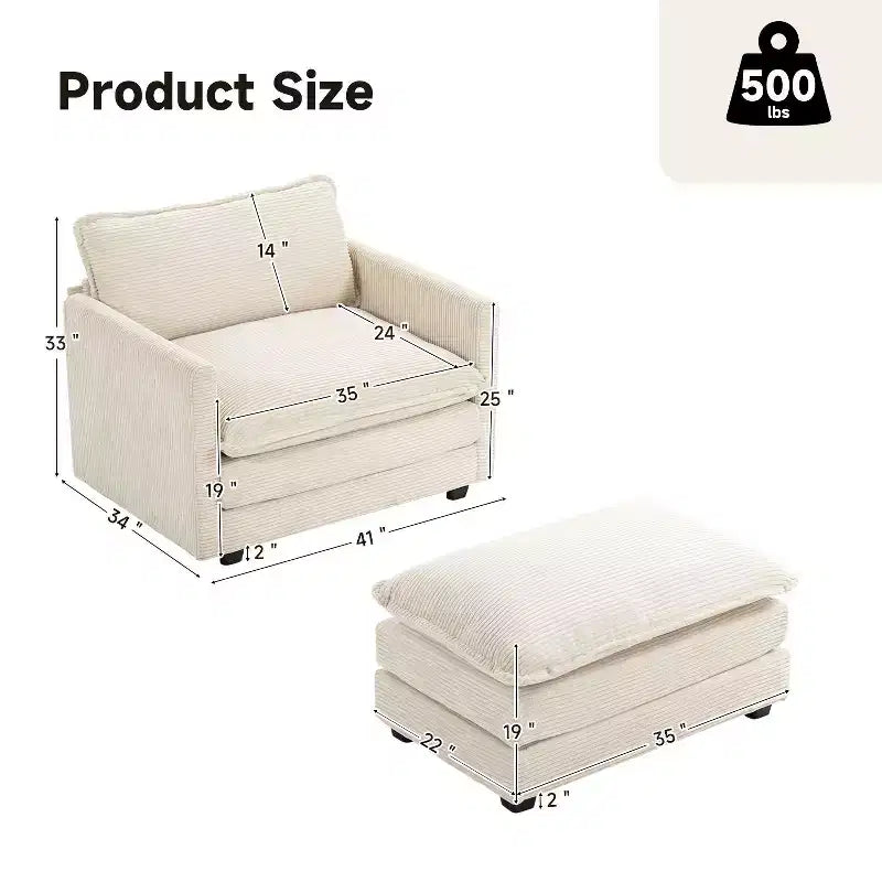 41.34 Sillón tapizado de pana de gran tamaño, sofá individual con otomana y asiento grande, sillón moderno de lectura para dormitorio o sala de estar