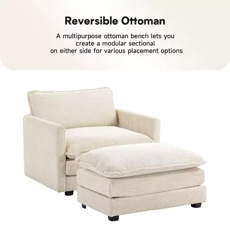 41.34 Sillón tapizado de pana de gran tamaño, sofá individual con otomana y asiento grande, sillón moderno de lectura para dormitorio o sala de estar
