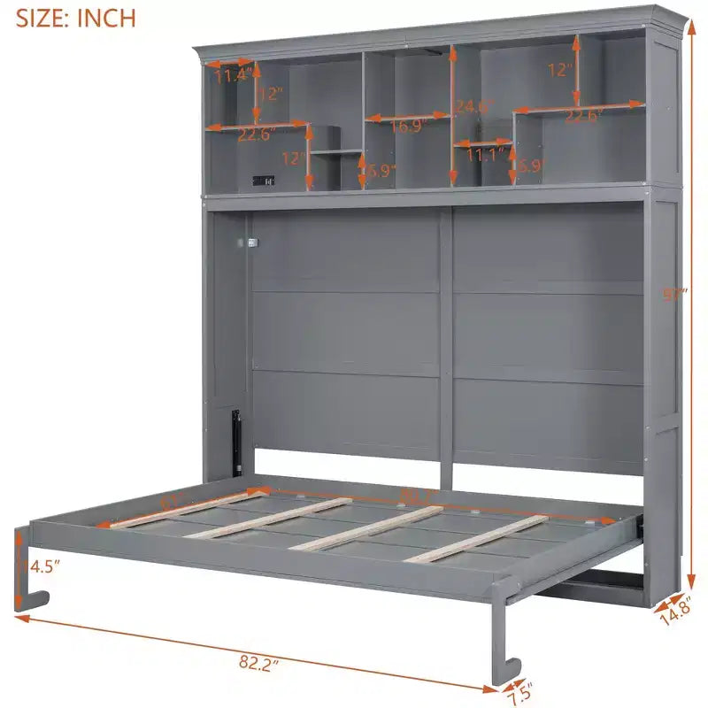 Cama de pared Whisen Modern Design Queen Size Murphy Bed, plegable en un gabinete con estantes superiores y puertos USB