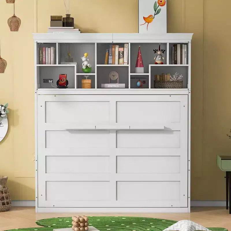 Cama de pared Whisen Modern Design Queen Size Murphy Bed, plegable en un gabinete con estantes superiores y puertos USB