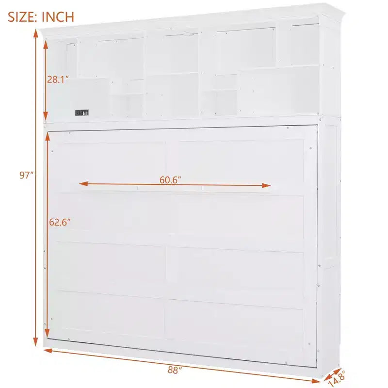 Cama de pared Whisen Modern Design Queen Size Murphy Bed, plegable en un gabinete con estantes superiores y puertos USB
