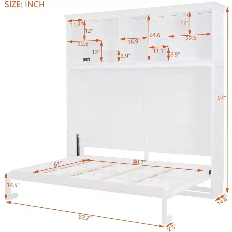 Cama de pared Whisen Modern Design Queen Size Murphy Bed, plegable en un gabinete con estantes superiores y puertos USB