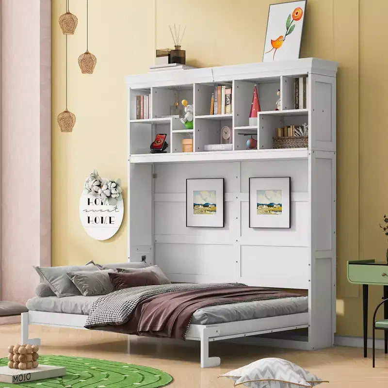 Cama de pared Whisen Modern Design Queen Size Murphy Bed, plegable en un gabinete con estantes superiores y puertos USB