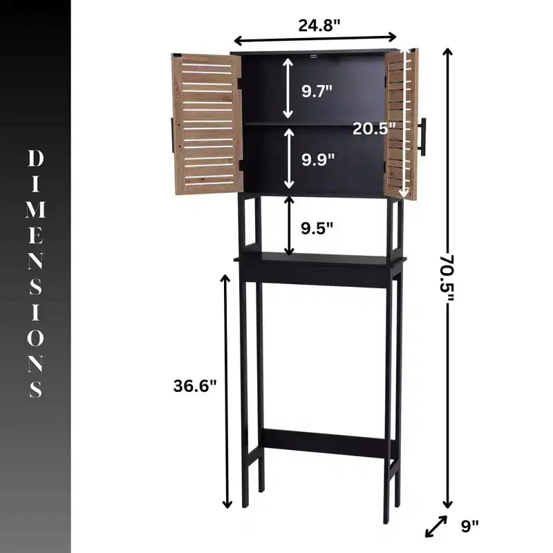 Evideco Armario de almacenamiento sobre el inodoro con doble puerta ventilada y estante abierto, negro y marrón - Colección Bergen