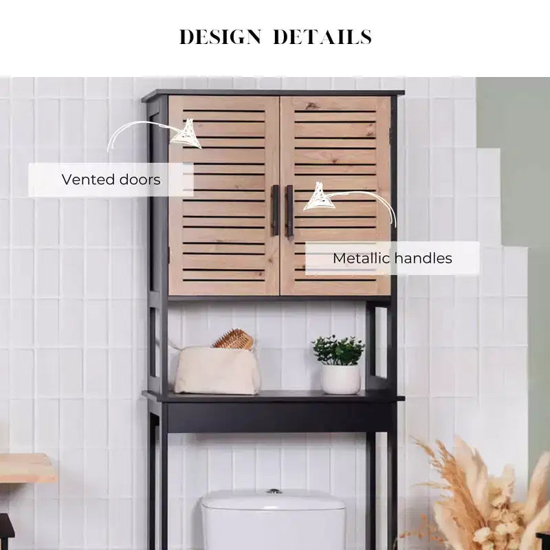 Evideco Armario de almacenamiento sobre el inodoro con doble puerta ventilada y estante abierto, negro y marrón - Colección Bergen