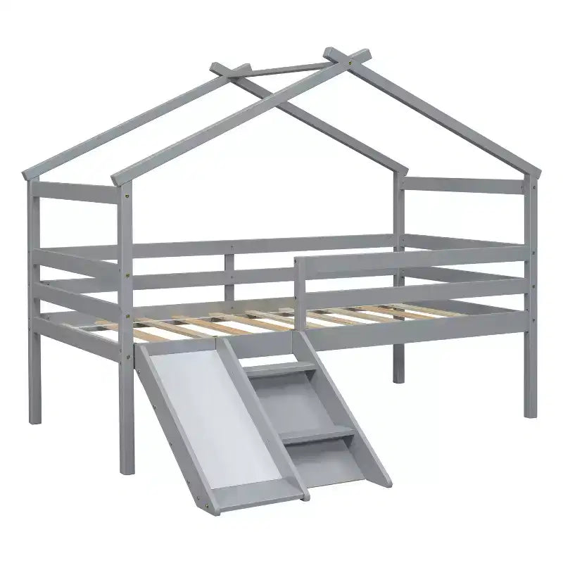 Cama alta Whisen 81.7L x 67.6W individual baja tipo casa con tobogán, escalera, barandillas de seguridad, marco de techo tipo casa