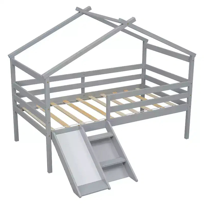 Cama alta Whisen 81.7L x 67.6W individual baja tipo casa con tobogán, escalera, barandillas de seguridad, marco de techo tipo casa