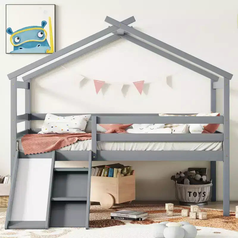 Cama alta Whisen 81.7L x 67.6W individual baja tipo casa con tobogán, escalera, barandillas de seguridad, marco de techo tipo casa