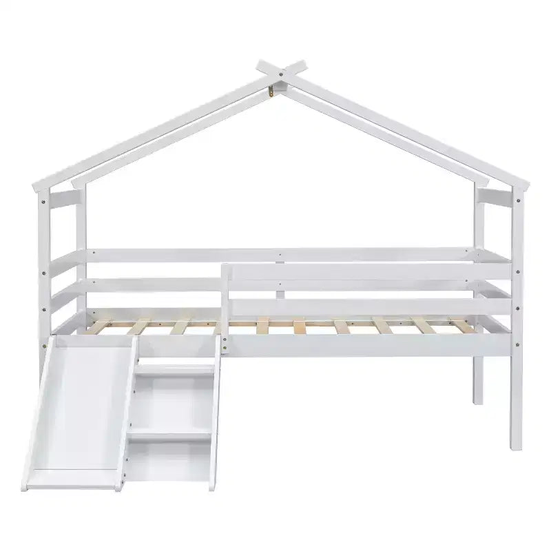 Cama alta Whisen 81.7L x 67.6W individual baja tipo casa con tobogán, escalera, barandillas de seguridad, marco de techo tipo casa