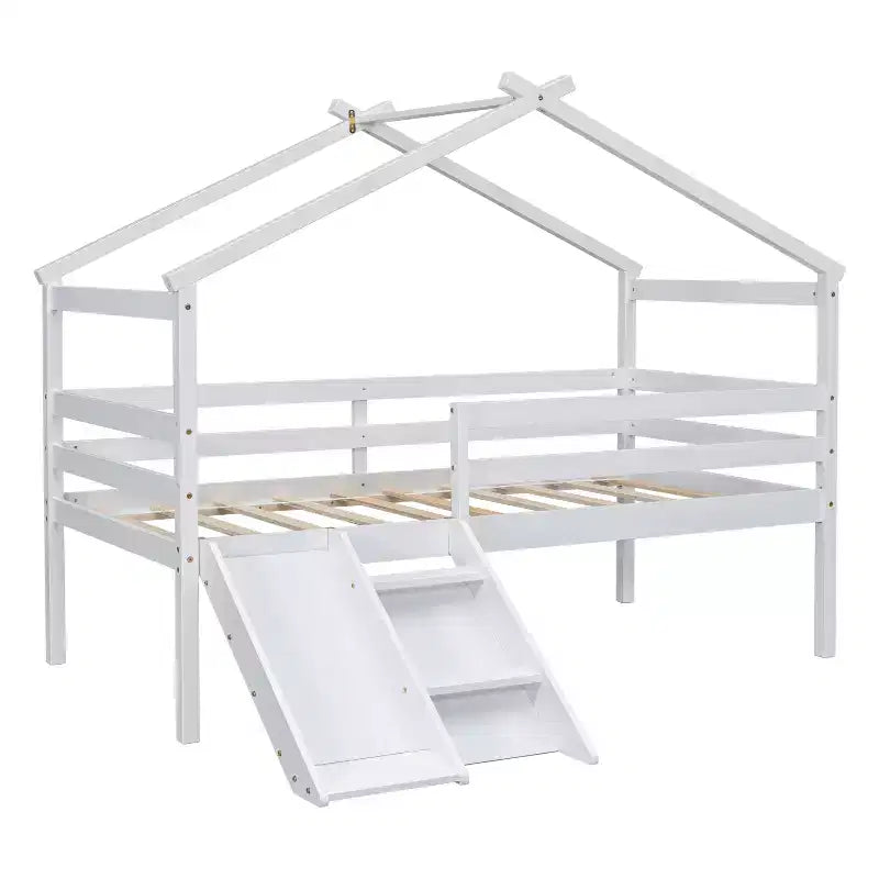 Cama alta Whisen 81.7L x 67.6W individual baja tipo casa con tobogán, escalera, barandillas de seguridad, marco de techo tipo casa