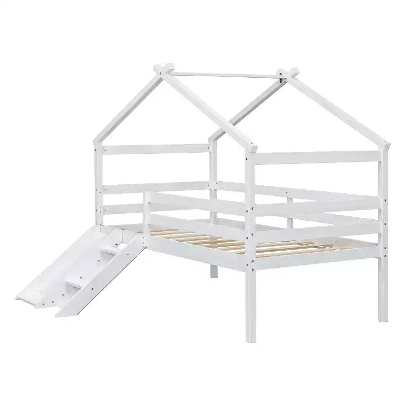 Cama alta Whisen 81.7L x 67.6W individual baja tipo casa con tobogán, escalera, barandillas de seguridad, marco de techo tipo casa