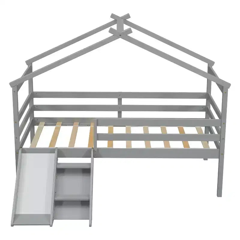 Cama alta Whisen 81.7L x 67.6W individual baja tipo casa con tobogán, escalera, barandillas de seguridad, marco de techo tipo casa