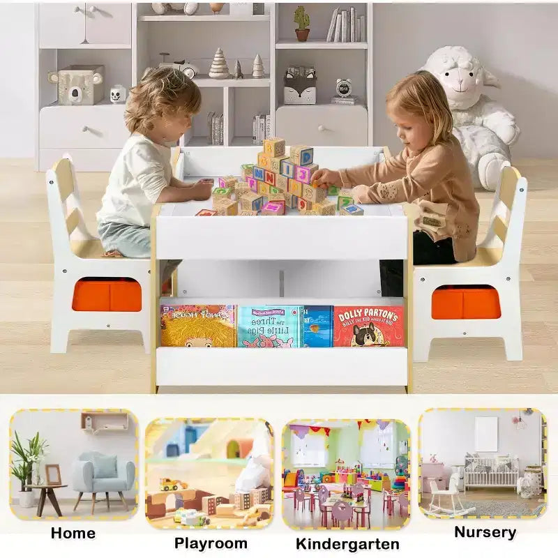 Kinder King Mesa y 2 sillas 3 en 1 para niños con almacenamiento, tapa extraíble y pizarra, para arte, manualidades, lectura