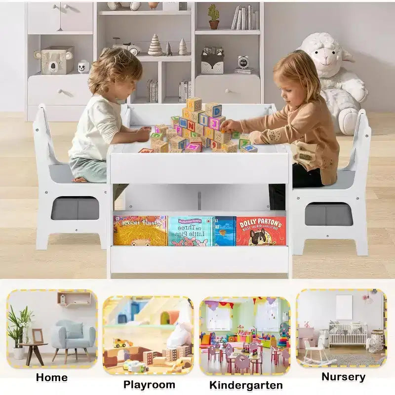 Kinder King Mesa y 2 sillas 3 en 1 para niños con almacenamiento, tapa extraíble y pizarra, para arte, manualidades, lectura