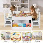 Kinder King Mesa y 2 sillas 3 en 1 para niños con almacenamiento, tapa extraíble y pizarra, para arte, manualidades, lectura