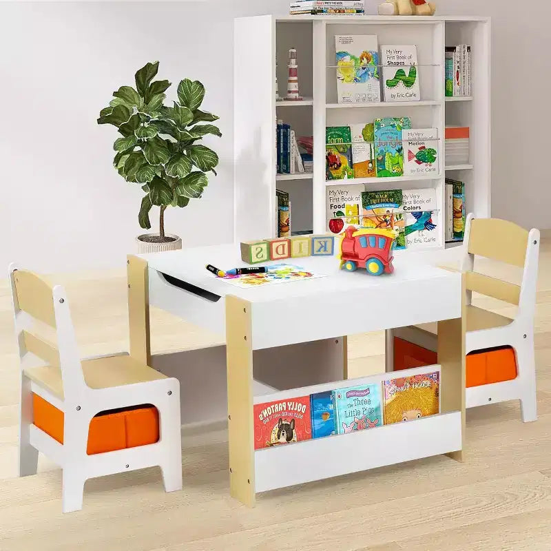 Kinder King Mesa y 2 sillas 3 en 1 para niños con almacenamiento, tapa extraíble y pizarra, para arte, manualidades, lectura