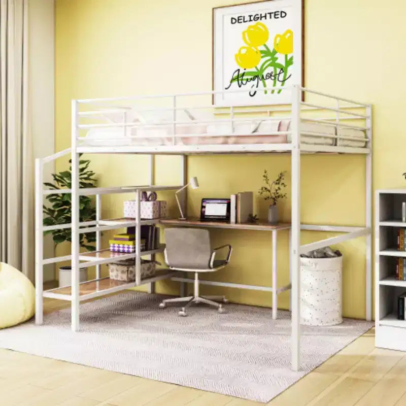 Cama alta metálica: matrimonial, escritorio, escalera con almacenamiento lateral