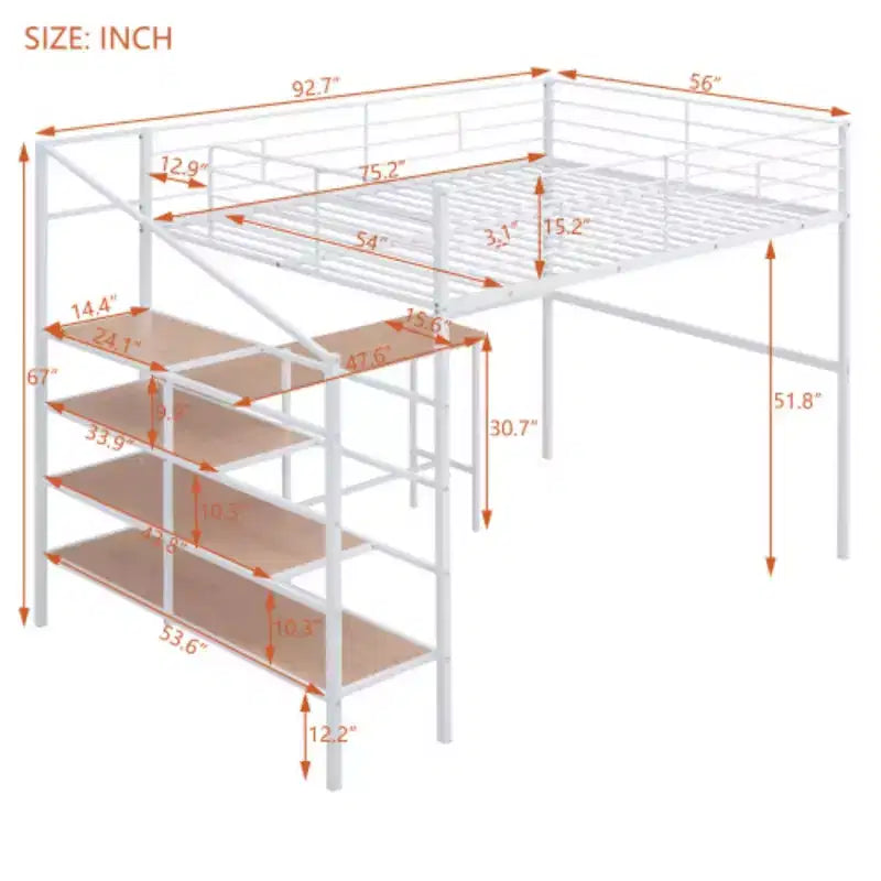 Cama alta metálica: matrimonial, escritorio, escalera con almacenamiento lateral