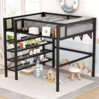 Metal Loft Bed with 4 Layers of Shelves, Full Size Mattress
