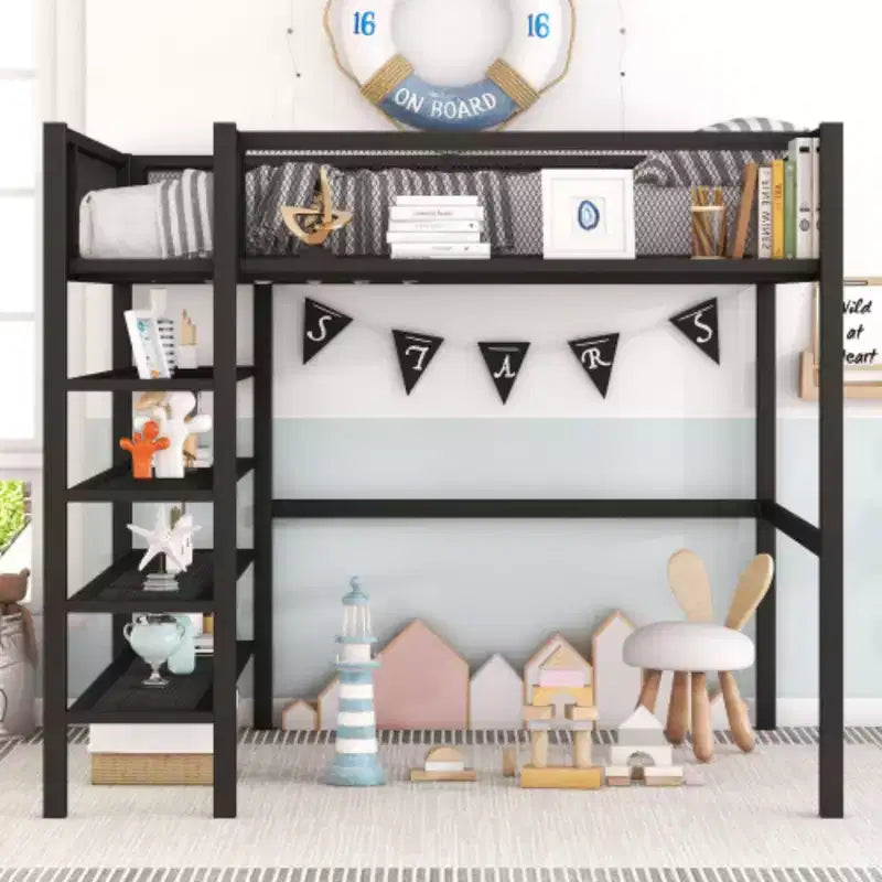 Cama alta de metal con 4 estantes, colchón de tamaño matrimonial