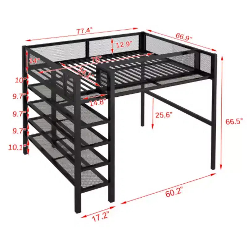 Cama alta de metal con 4 estantes, colchón de tamaño matrimonial