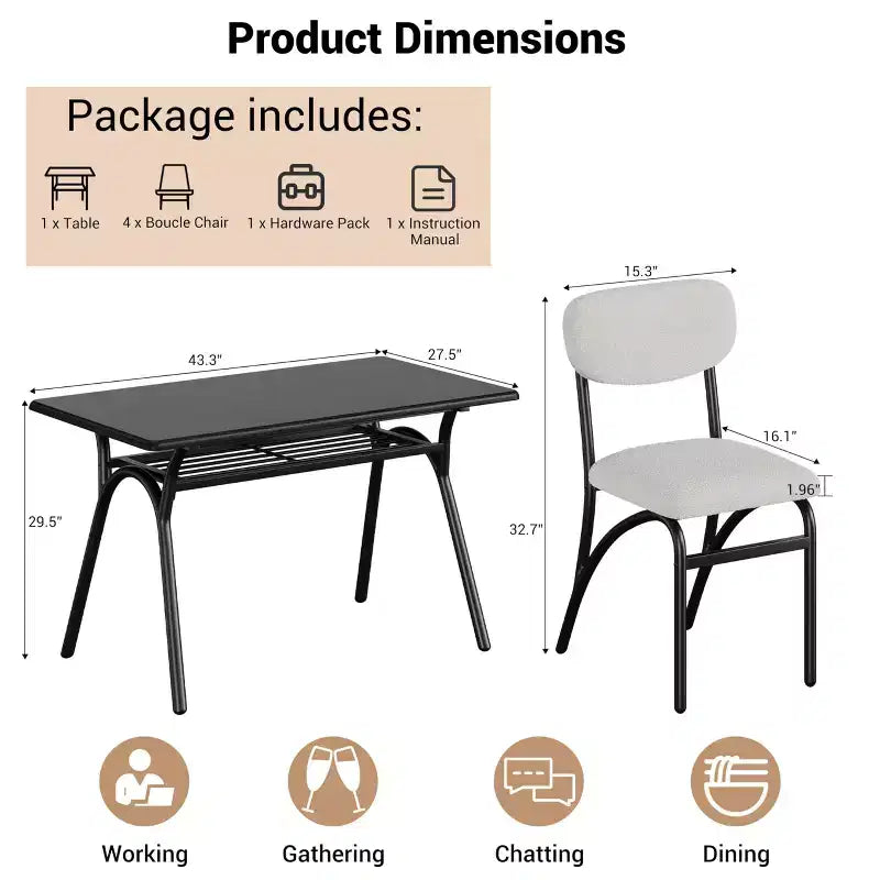 Juego de mesa de comedor WhizMax para 4 personas, mesa de cocina rectangular con 4 sillas Boucle, mesa de comedor con almacenamiento
