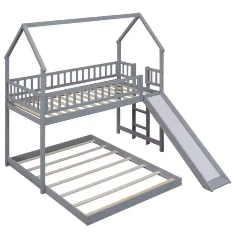 Litera tipo casita individual sobre matrimonial con tobogán y escalera incorporada, barandilla de longitud completa, gris