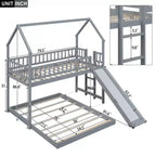 Litera tipo casita individual sobre matrimonial con tobogán y escalera incorporada, barandilla de longitud completa, gris