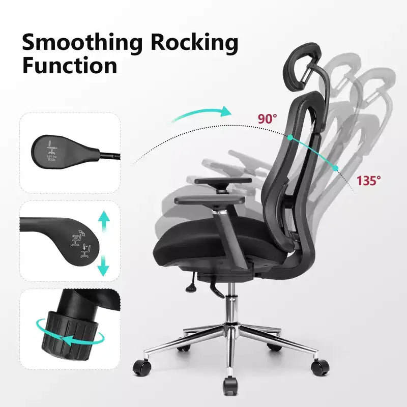 Silla de oficina ergonómica con reposacabezas 3D, apoyabrazos 2D, respaldo de malla, reclinación de 135 grados, silla de escritorio con capacidad de 330 lb y soporte lumbar dinámico