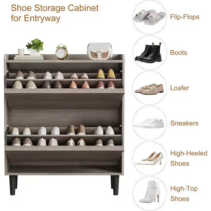 Zapatero de Madera con 2 Cajones Abatibles y Estante Ajustable, Mueble Zapatero para Entrada, Zapatero Oculto para Pasillo, Sala de Estar, Gris