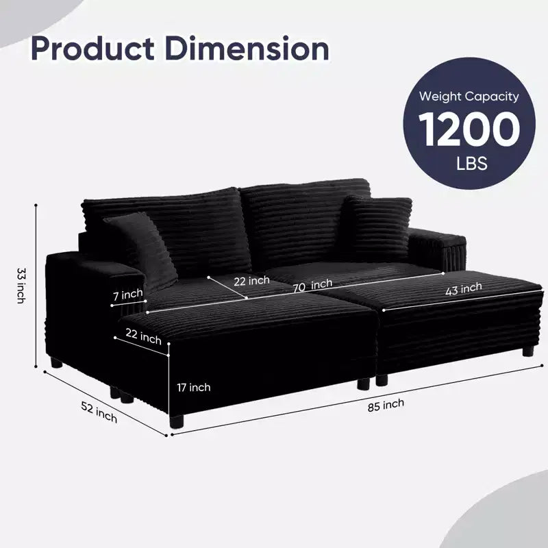 Mjkone Sillón Chaise Oversized para Interiores, Sofá Moderno Tapizado en Pana de 85 Pulgadas de Ancho con 2 Otomanas Móviles, Cómodo Sofá Perezoso