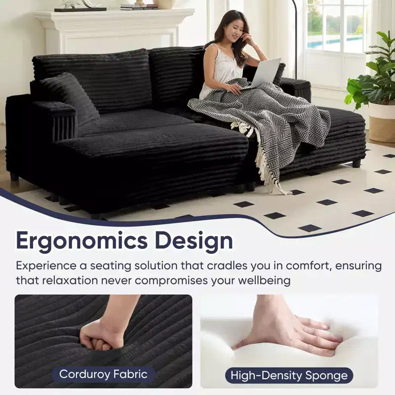 Mjkone Sillón Chaise Oversized para Interiores, Sofá Moderno Tapizado en Pana de 85 Pulgadas de Ancho con 2 Otomanas Móviles, Cómodo Sofá Perezoso
