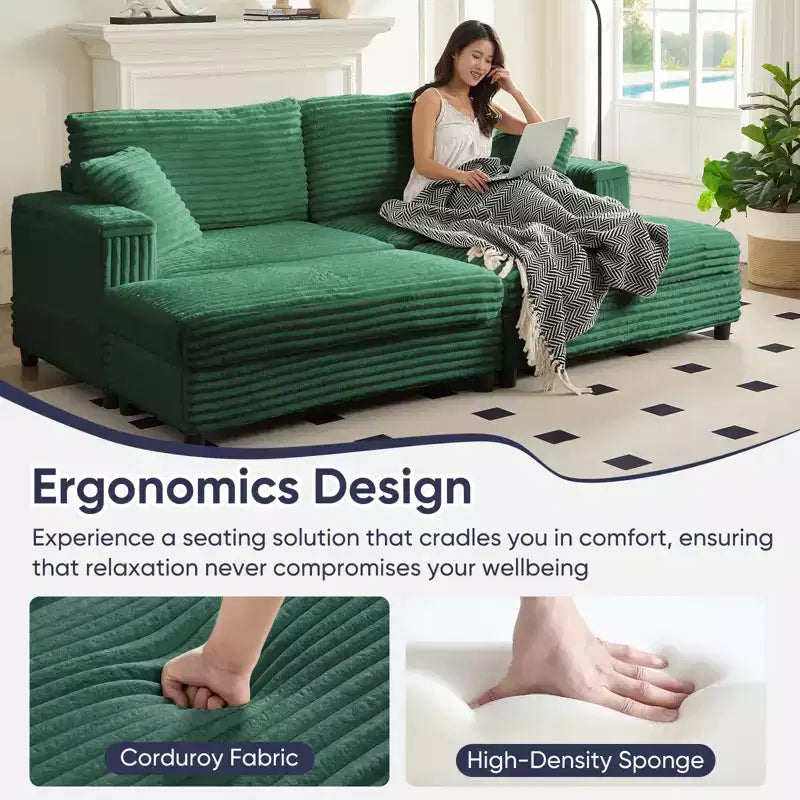Mjkone Sillón Chaise Oversized para Interiores, Sofá Moderno Tapizado en Pana de 85 Pulgadas de Ancho con 2 Otomanas Móviles, Cómodo Sofá Perezoso