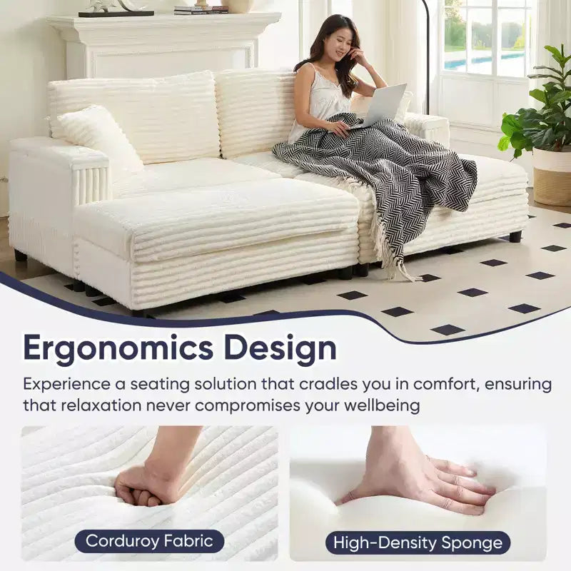 Mjkone Sillón Chaise Oversized para Interiores, Sofá Moderno Tapizado en Pana de 85 Pulgadas de Ancho con 2 Otomanas Móviles, Cómodo Sofá Perezoso