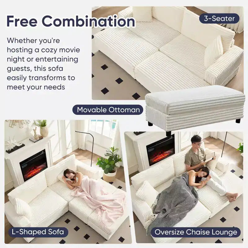 Mjkone Sillón Chaise Oversized para Interiores, Sofá Moderno Tapizado en Pana de 85 Pulgadas de Ancho con 2 Otomanas Móviles, Cómodo Sofá Perezoso