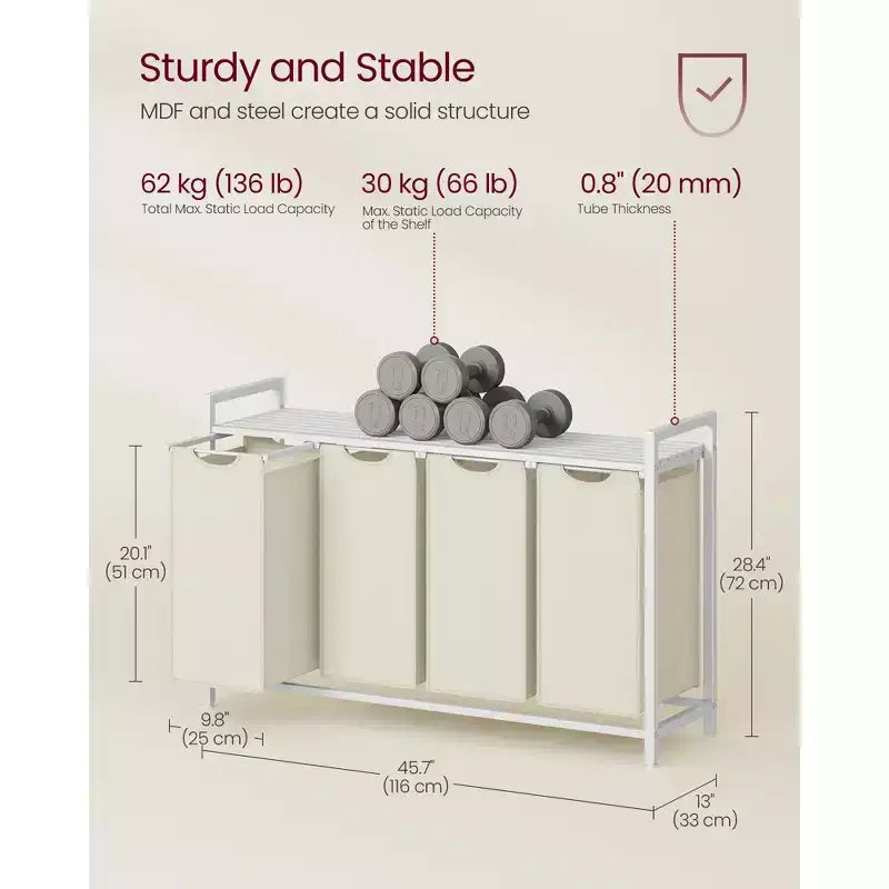Cesto clasificador de ropa de 45.7 x 13 x 28.4 pulgadas, almacenamiento de cesta de ropa, clasificador de ropa con 4 bolsas extraíbles, estante, estructura de metal, (40L)