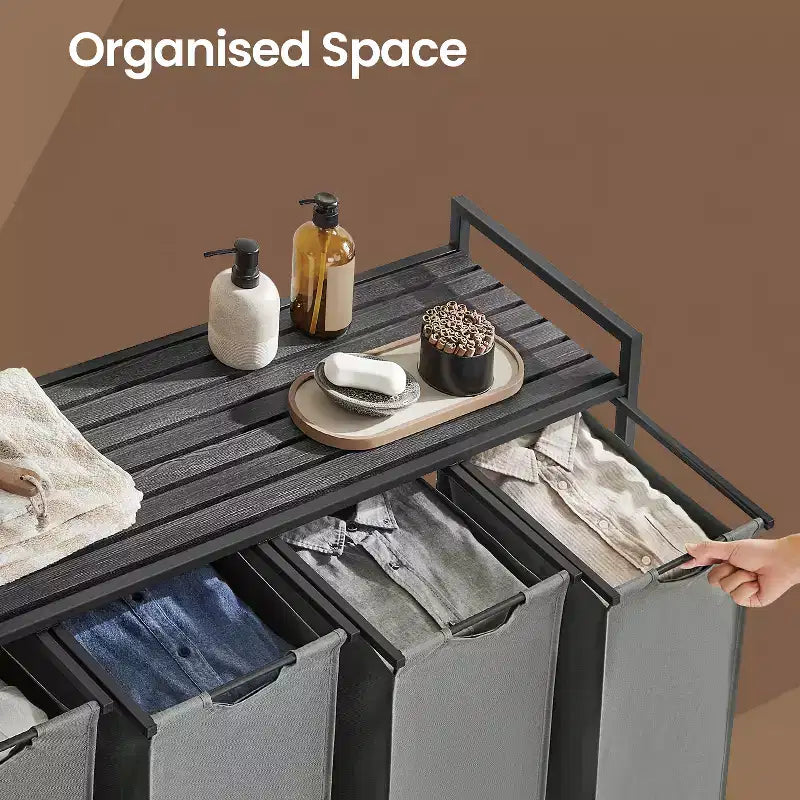 Cesto clasificador de ropa de 45.7 x 13 x 28.4 pulgadas, almacenamiento de cesta de ropa, clasificador de ropa con 4 bolsas extraíbles, estante, estructura de metal, (40L)