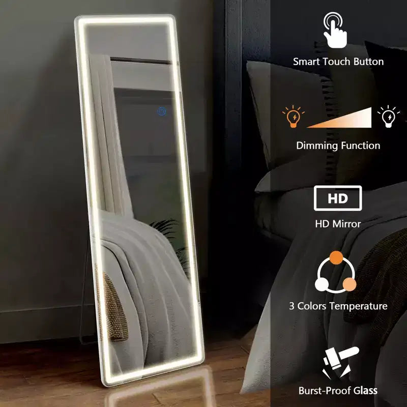 Espejo Iluminado de Pie con Luz LED de 3 Colores, Soporte Incluido