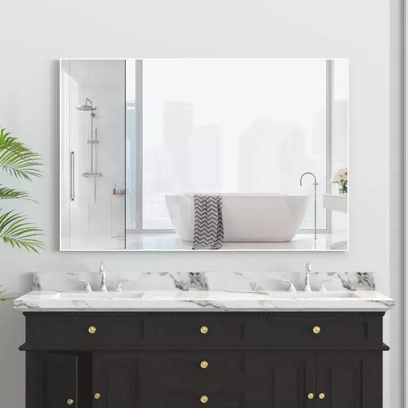 Espejo de baño moderno con marco blanco de 48x32: extragrande, de aluminio, para montar en la pared, vertical/horizontal