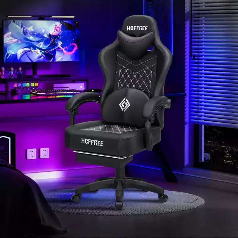 Silla ergonómica Hoffree de piel para juegos y masajes, para oficina, PC, con reposapiés y ajustable