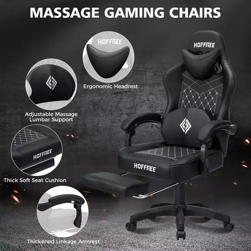 Silla ergonómica Hoffree de piel para juegos y masajes, para oficina, PC, con reposapiés y ajustable