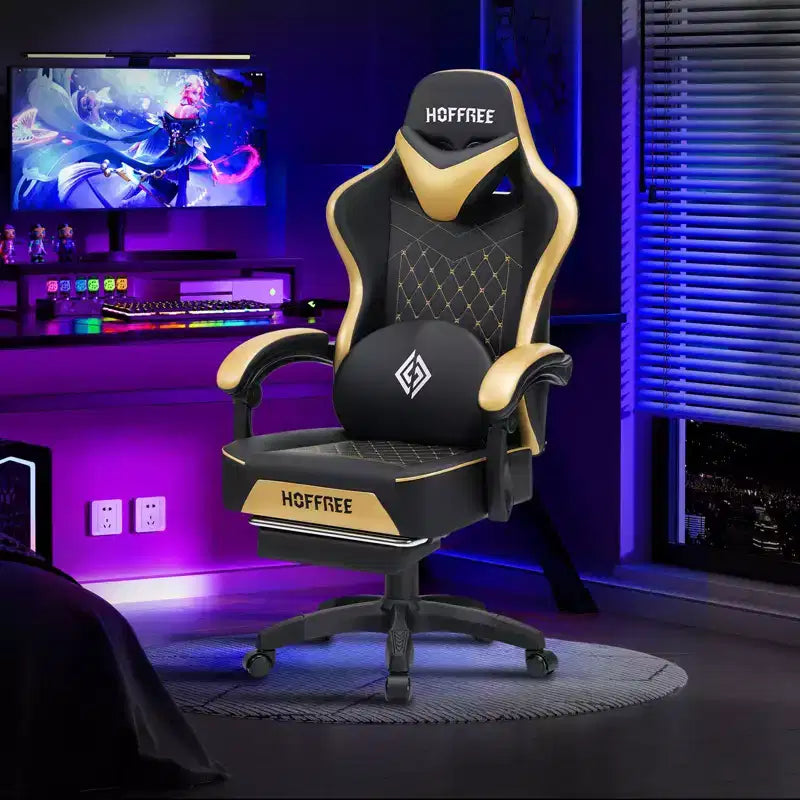Silla ergonómica Hoffree de piel para juegos y masajes, para oficina, PC, con reposapiés y ajustable