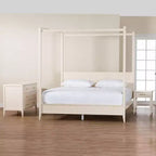 Juego de dormitorio con dosel de 4 piezas Baxton Studio Primrose, de madera acanalada color marfil, estilo Mid-Century