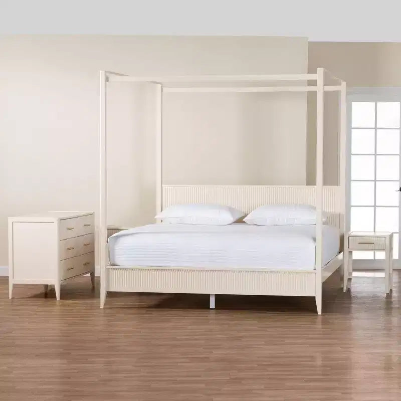 Juego de dormitorio con dosel de 4 piezas Baxton Studio Primrose, de madera acanalada color marfil, estilo Mid-Century